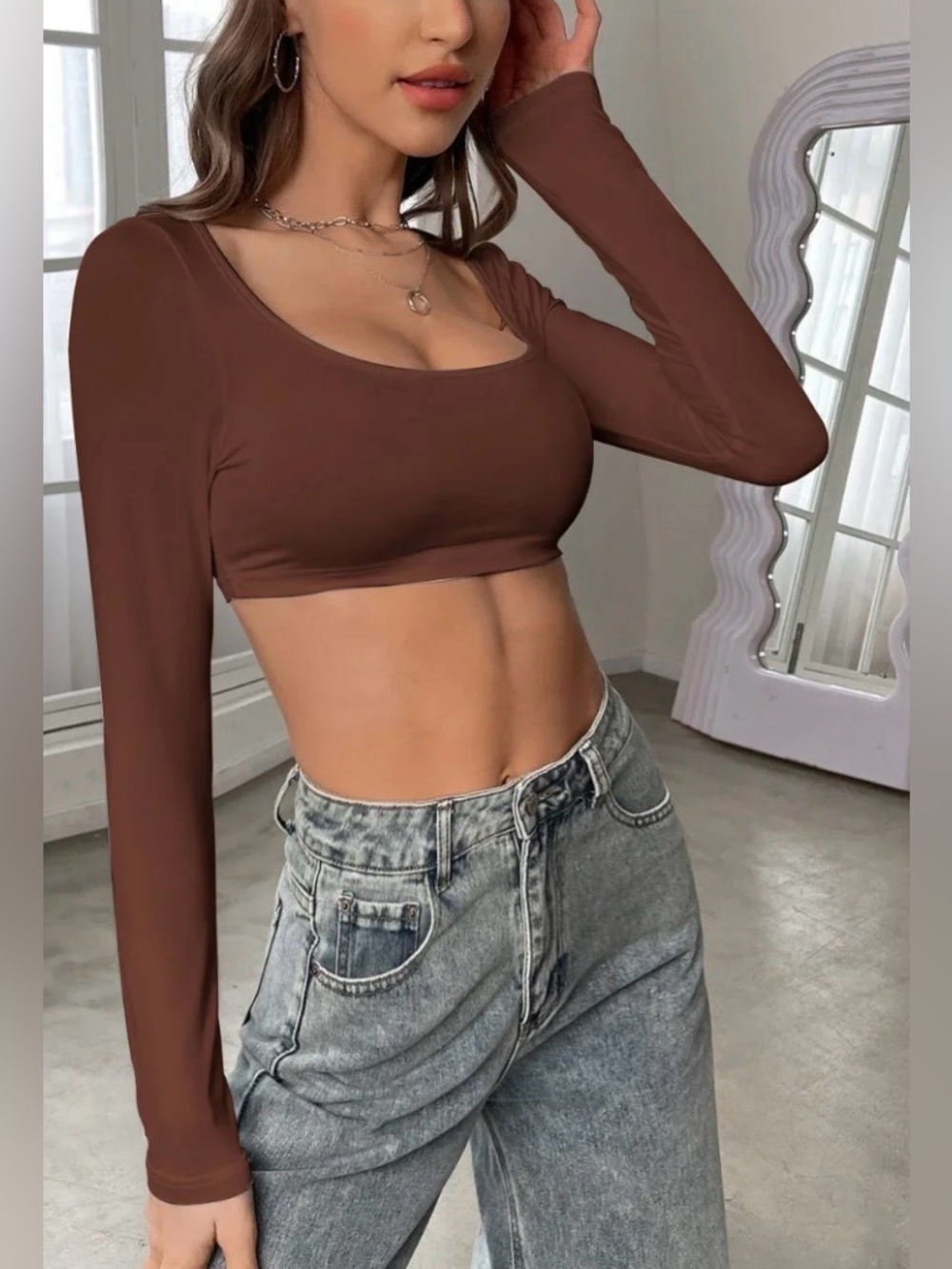 naked wardrobe Brown Long-Sleeve Scoop Crop Top